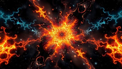 Cosmic explosion forms fractal patterns rewriting into new equations, embodying theoretical physics.