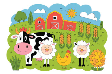 Obraz premium Cheerful farm scene with cow, sheep, chicken, and crops