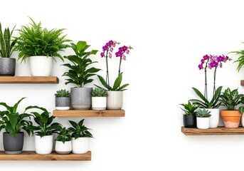 Various potted plants on wooden shelves isolated on white background