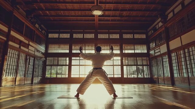 Karate master with a black belt performing kata in a traditional Japanese dojo at dawn