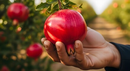 Ripe Red Pomegranate Fruit Held in Hand with Orchard Background | Healthy Eating, Fresh Produce, Agricultural Harvest and Seasonal Fruit Concept