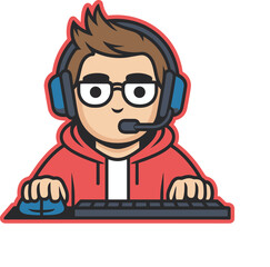 Casual gamer boy wearing headphones and glasses, playing with a keyboard and mouse, cute cartoon mascot character, gaming enthusiast illustration.