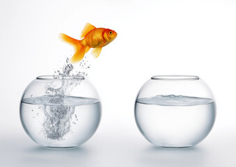 One RED jumping from one fishbowl to another, against a GREY background