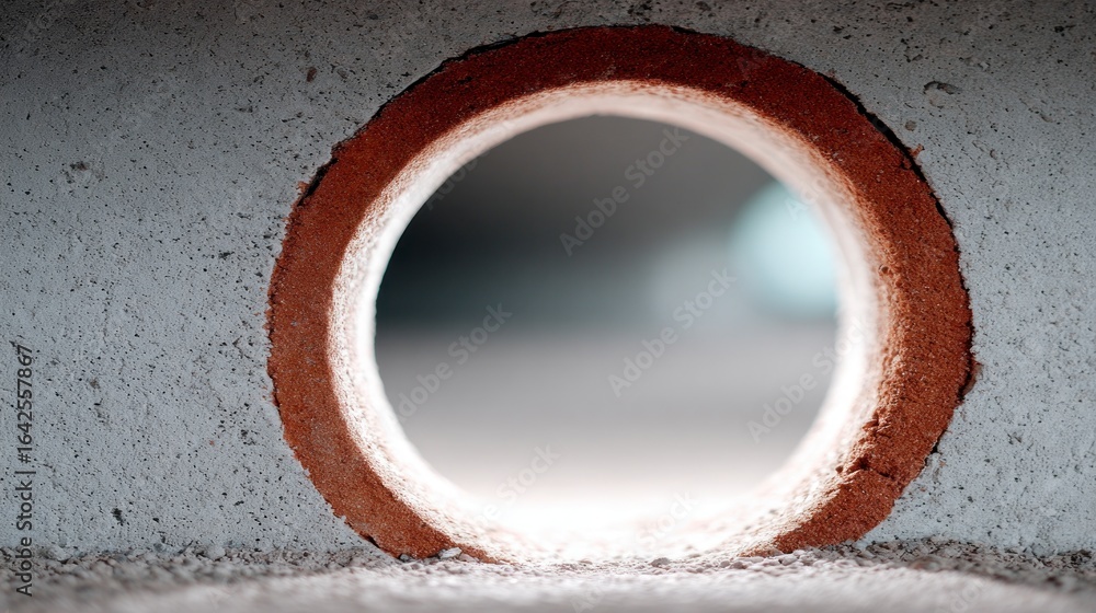 Poster close up view of a circular opening in rough concrete with a terracotta pipe insert