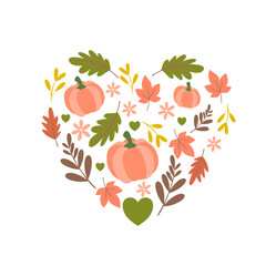 Autumn Heart Shape with Pumpkins and Fall Leaves Vector Illustration