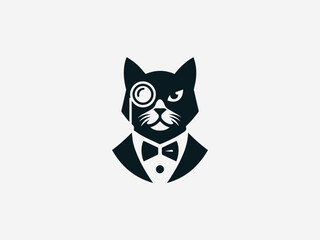 Fototapeta premium Distinguished cat gentleman with monocle and bowtie vector logo in vintage elegant style