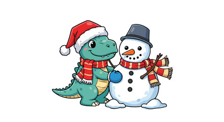 adorable dinosaur and snowman festive winter holiday cheer