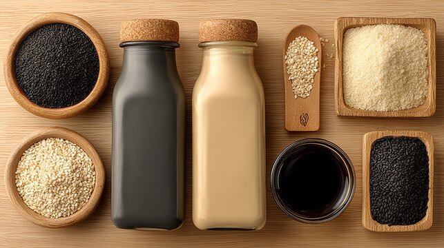 Assorted Seeds and Oils in Bottles with Natural Texture Background