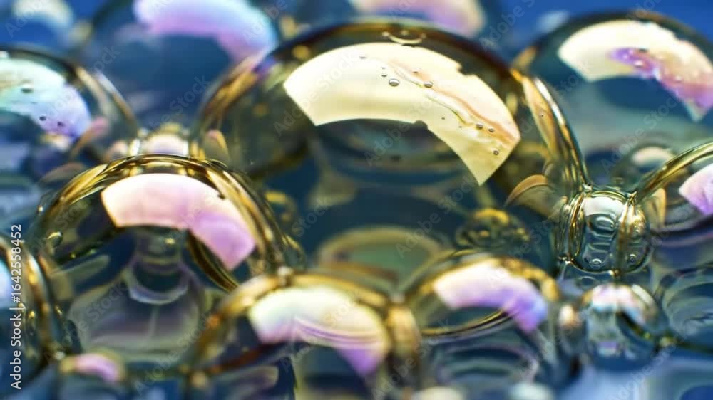 Poster a mesmerizing macro view of iridescent bubbles reflecting light and colors, creating an abstract and