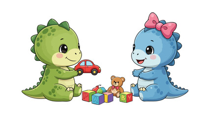 Fototapeta premium adorable dinosaur friends playing with colorful toys for kids
