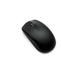 Ergonomic black wireless computer mouse with a scroll wheel for navigation, isolated on a clean white background