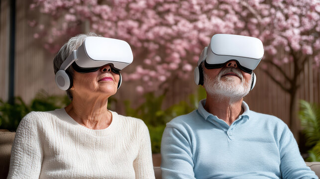 Elderly couple experiencing virtual reality in cherry blossom garden, enjoying immersive scenery
