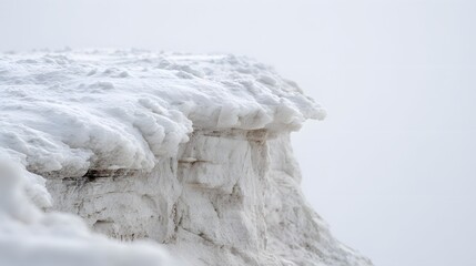Close up of a snow covered cliff edge with soft white background