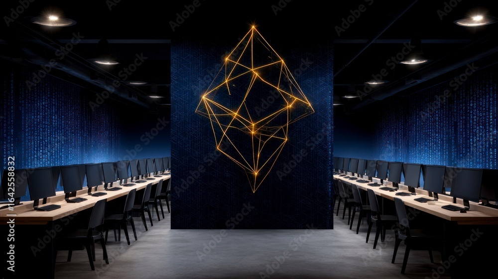 Poster a modern dark interior with rows of computers and a geometric light sculpture on a digitally pattern