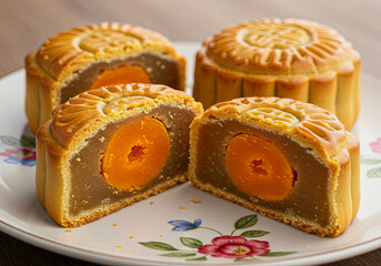 Traditional Chinese Mooncake with Lotus Filling on Plate. September 18 Mid Autumn Festival