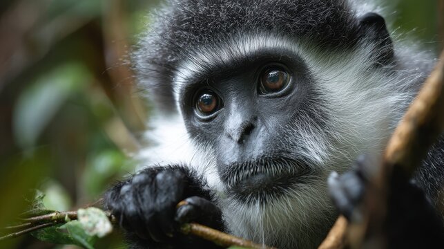 Close up portrait of a zanzibar red colobus monkey holding a branch amidst a lush green forest, revealing expressive eyes and a serene demeanor in its natural habitat