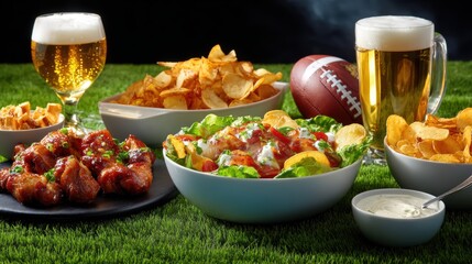 Football Party Food: Wings, Chips, Beer, and Salad