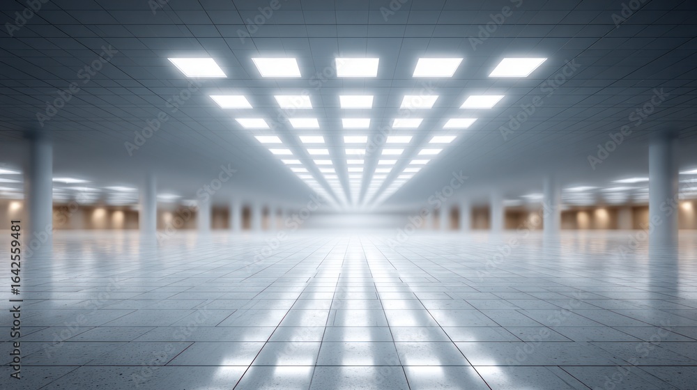 Poster vast empty interior space with tiled floor and bright illuminated ceiling panels receding into dista