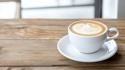 Beautifully crafted flat white coffee with soft foam sits elegantly wooden table, inviting