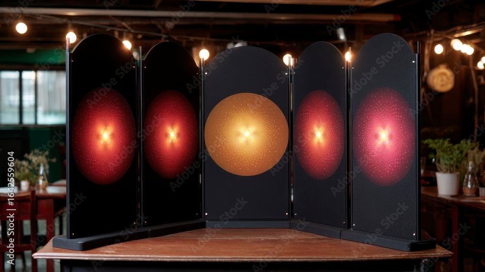 Poster five black panels displaying glowing red and yellow abstract light patterns on a wooden table