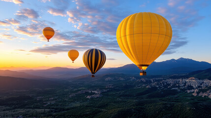 Obraz premium Golden hot air balloons float gracefully sky during stunning sunrise, creating serene atmosphere