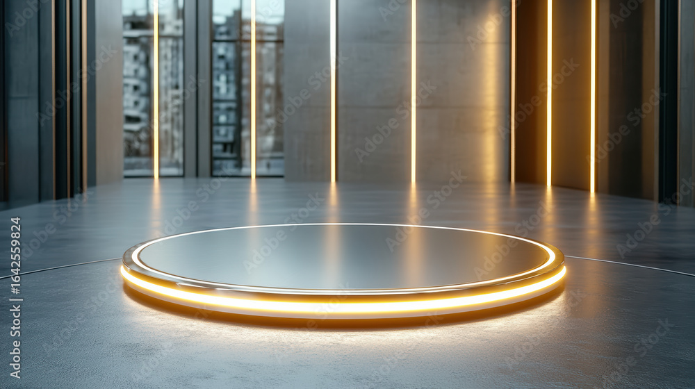 Poster futuristic presentation space featuring circular platform with led lighting, creating modern