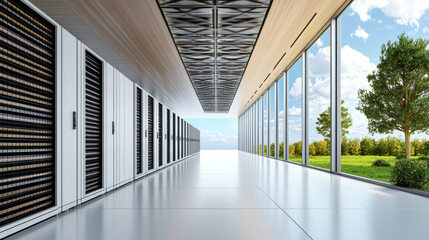 Obraz premium Futuristic server farm with renewable energy, sleek design, and large windows showcasing nature