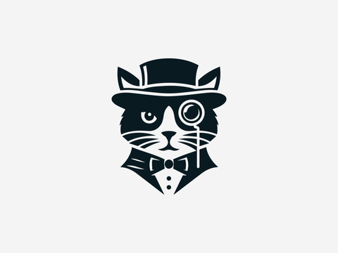 Distinguished cat gentleman with monocle and bowtie vector logo in vintage elegant style