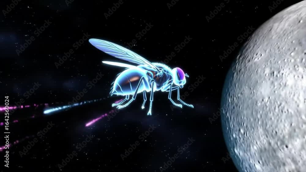 Poster futuristic glowing insect-like entity floats by a luminous celestial sphere in a dark starry cosmos,