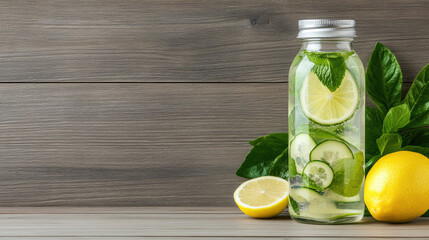 Fototapeta premium Refreshing detox water in glass bottle with lemon, cucumber, and mint on wooden table
