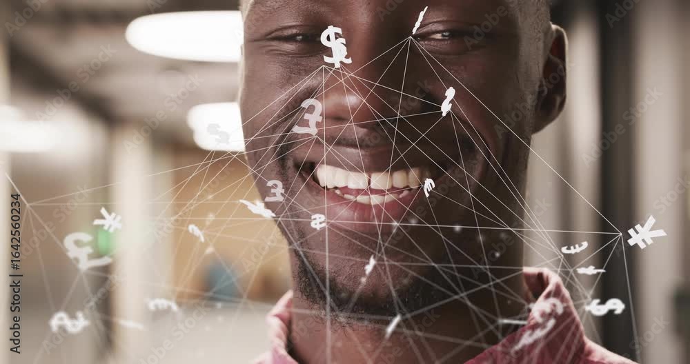 Poster man opening eyes and analyzing financial network in office with animated currency symbols orbiting