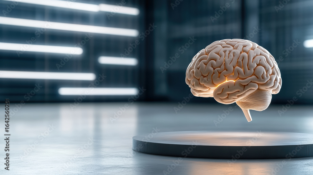 Poster floating brain model with glowing details futuristic setting, showcasing advanced design
