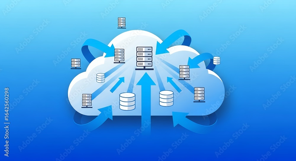 Poster data servers with arrows connection inside cloud on blue background. concept for cloud computing sol