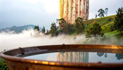 Fototapeta premium Copper basin reflecting misty landscape