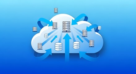 Data servers with arrows connection inside cloud on blue background. concept for cloud computing solution, network communication and data management