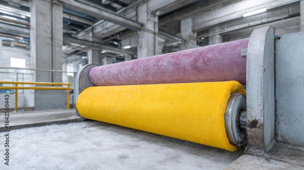 Aufkleber industrial machine with large textured rollers one yellow and one purple within a factory setting