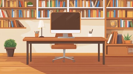 Cozy Home Office Setup with Bookshelves and Computer Illustration