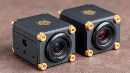 Obraz premium Two vintage style cube cameras with golden accents and black lenses on a textured surface