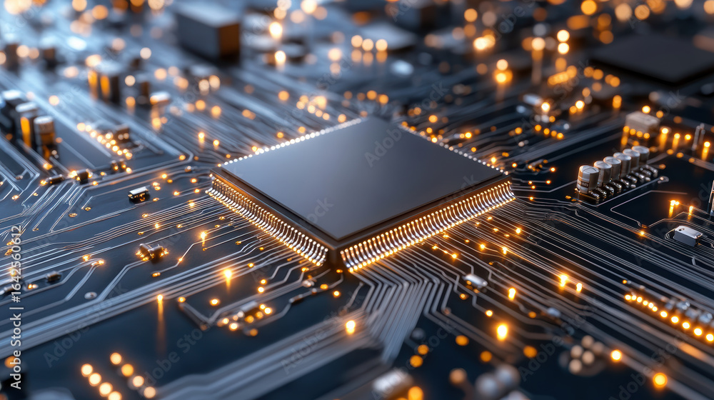 Poster high tech circuit board with glowing components and intricate connections, showcasing advanced