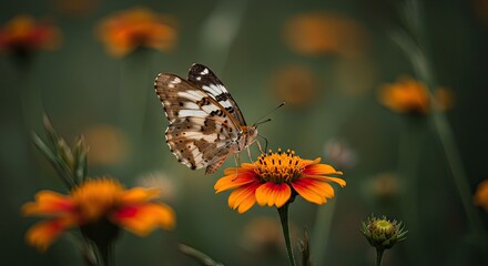 Obraz premium Delicate Map Butterfly with Intricate Wings on Vibrant Orange Flower, Soft Green Bokeh