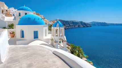 Stunning Greek chapel with blue dome overlooking serene sea and cliffs