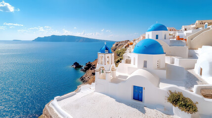 Obraz premium Stunning Greek chapel with blue dome overlooking serene sea, creating peaceful atmosphere