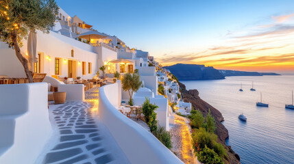 Fototapeta premium Stunning Greek coast features villas illuminated by warm amber light, creating serene atmosphere