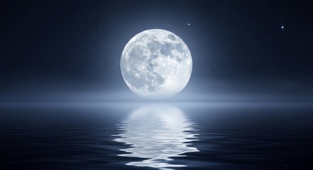 Full moon reflecting in calm water under a starry sky at night concept for lunar calendar, nocturnal scene and astrology background