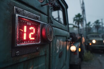 Vintage Industrial Vehicle Displaying Red Digital Number Twelve