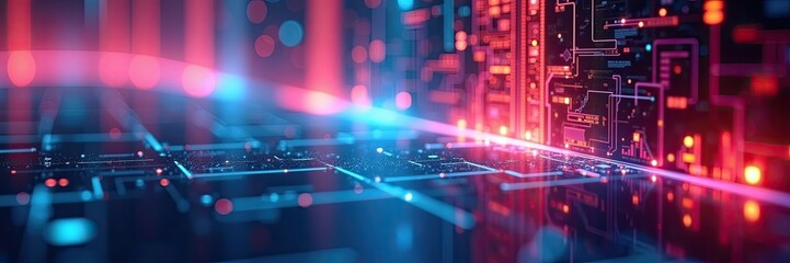 Futuristic digital circuitry network with vibrant colors.