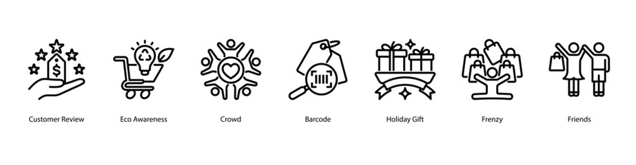 Customer Insight and Review web banner icon vector illustration featuring Customer Review, Eco Awareness, Crowd, Barcode, Holiday Gift, Frenzy, and Friends.