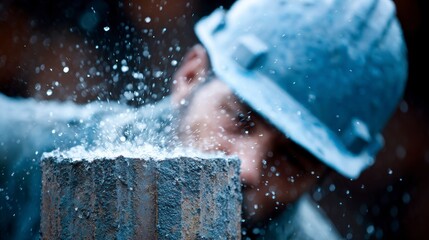 Close up of a worker in a hard hat with water splashing around a metal object