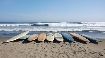 Surfboards lined up on the beach sand awaiting ocean waves adventure