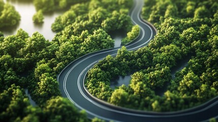 Scenic winding road through lush green forest landscape aerial view